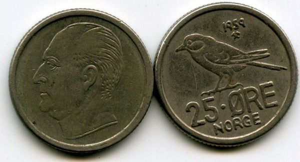 Монета 25 оре 1959г Норвегия