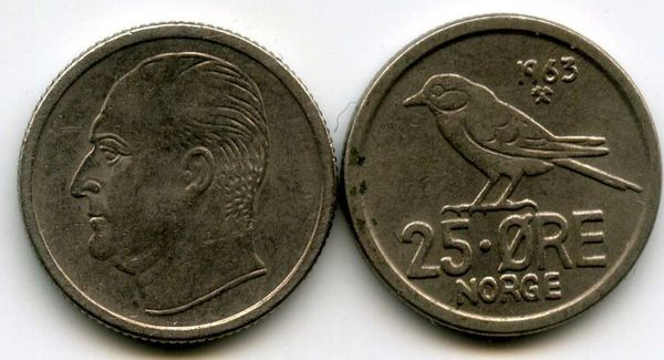 Монета 25 оре 1963г Норвегия