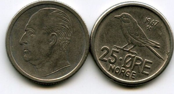Монета 25 оре 1967г Норвегия