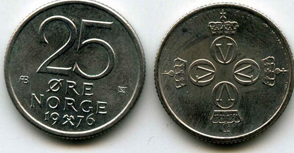 Монета 25 оре 1976г Норвегия