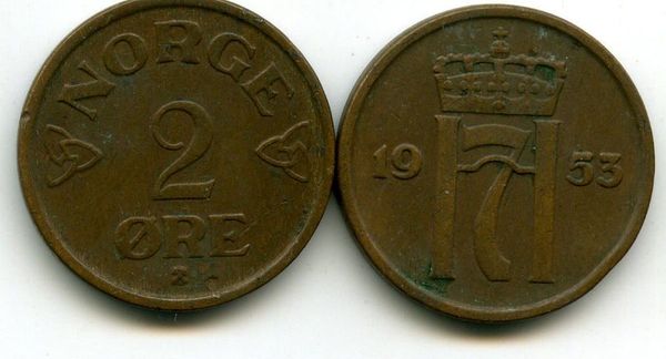 Монета 2 оре 1953г Норвегия