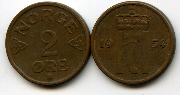 Монета 2 оре 1954г Норвегия