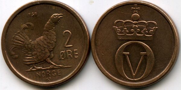 Монета 2 оре 1958г Норвегия