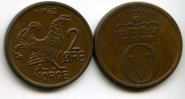 Монета 2 оре 1962г Норвегия