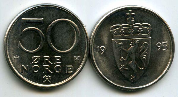 Монета 50 оре 1995г Норвегия
