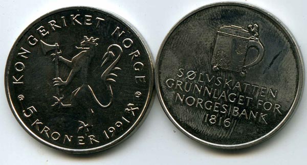 Монета 5 крон 1991г 175 лет банку Норвегия