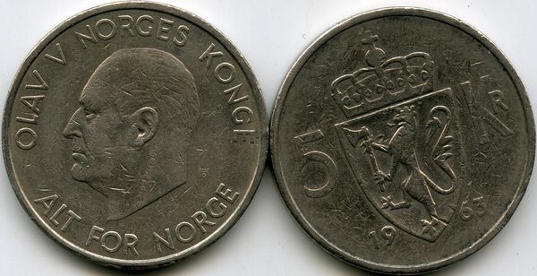 Монета 5 крон 1963г Норвегия
