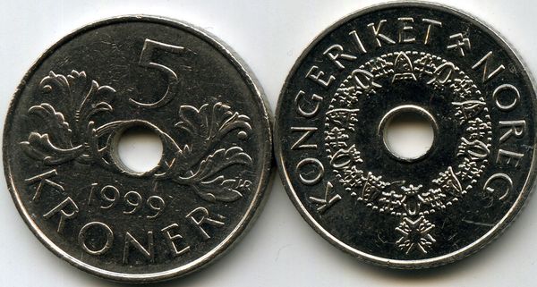 Монета 5 крон 1999г Норвегия