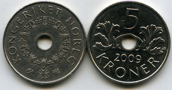 Монета 5 крон 2009г Норвегия