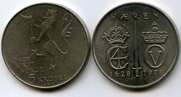 Монета 5 крон 1978г 350 лет армии Норвегия