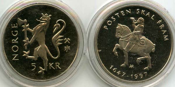 Монета 5 крон 1997г 350 лет почте Норвегия