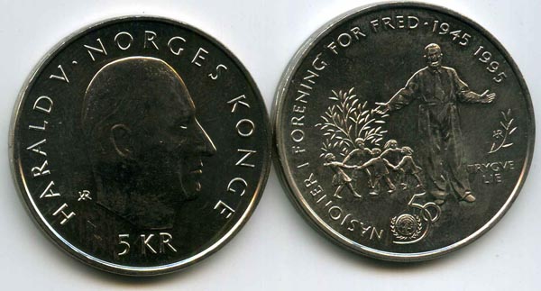 Монета 5 крон 1995г 50 лет ООН Норвегия