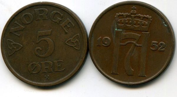 Монета 5 оре 1952г Норвегия