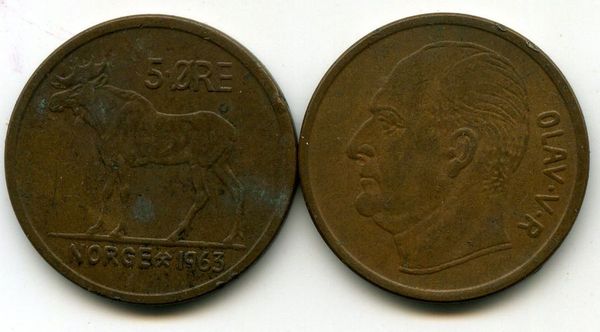 Монета 5 оре 1963г Норвегия