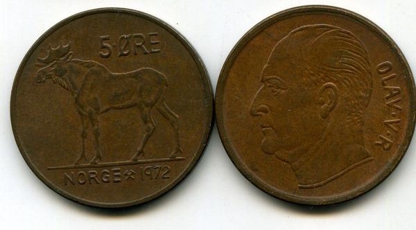 Монета 5 оре 1972г Норвегия