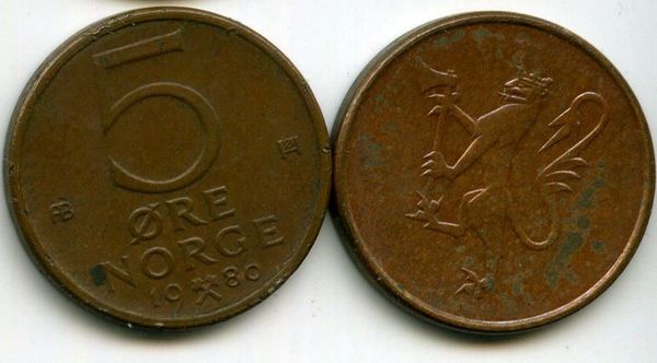 Монета 5 оре 1980г АВ Норвегия