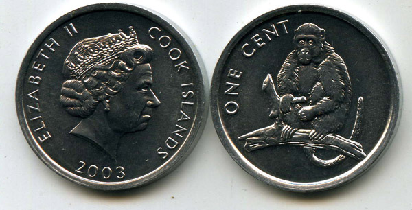 Монета 1 цент 2003г обезьяна Острова Кука