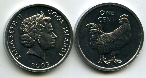 Монета 1 цент 2003г петух Острова Кука