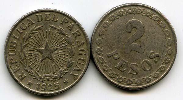 Монета 2 песо 1925г Парагвай