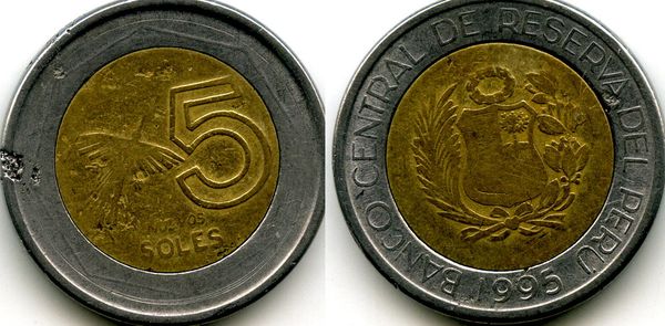 Монета 5 соль 1995г Перу