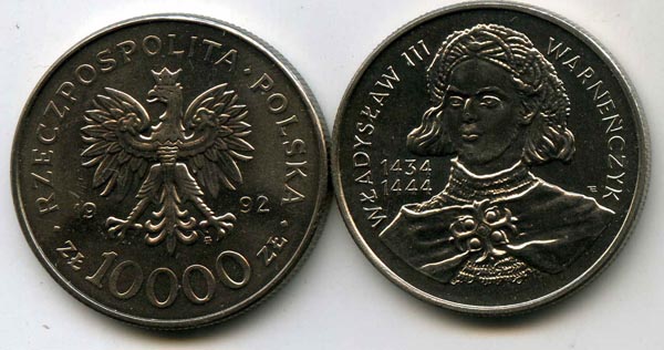 Монета 10 000 злотых 1992г Владислав 3 Польша