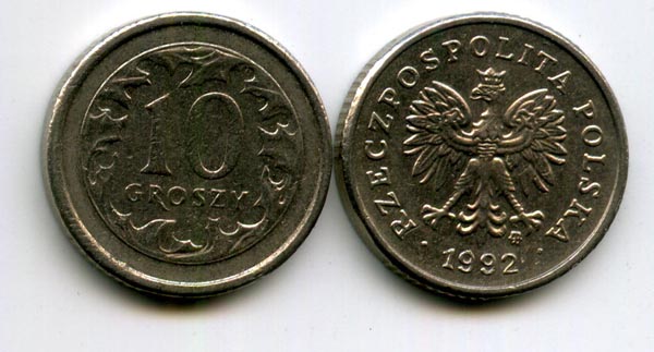 Монета 10 грош 1992г Польша