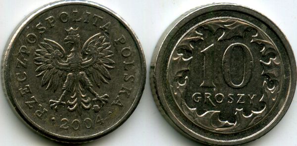 Монета 10 грош 2004г Польша