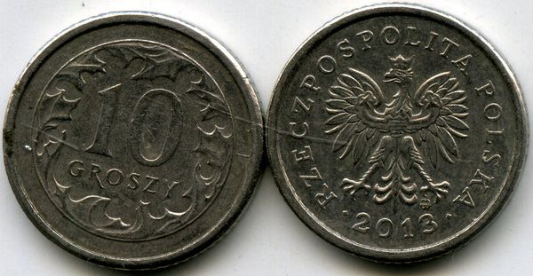 Монета 10 грош 2013г Польша