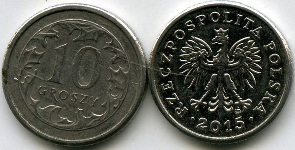 Монета 10 грош 2015г Польша