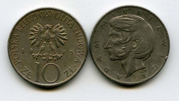 Монета 10 злотых Адам Мицкевич 1975г Польша