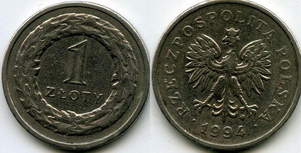 Монета 1 злотый 1994г Польша