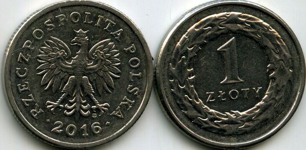 Монета 1 злотый 2016г Польша