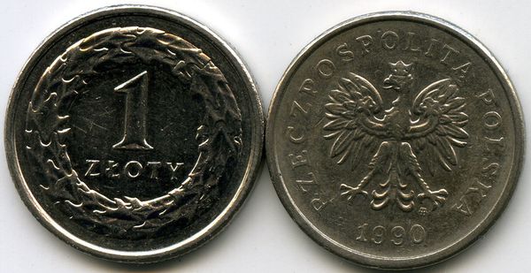 Монета 1 злотый 1990г Польша