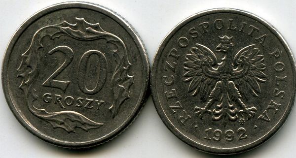 Монета 20 грош 1992г Польша