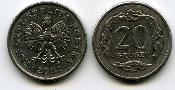 Монета 20 грош 2001г Польша
