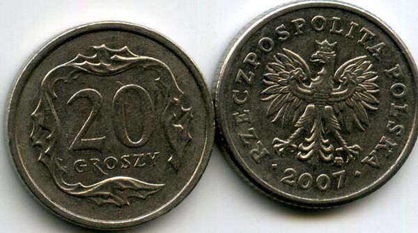 Монета 20 грош 2007г Польша