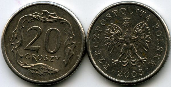 Монета 20 грош 2008г Польша