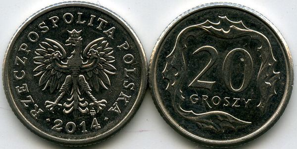 Монета 20 грош 2014г Польша
