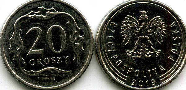 Монета 20 грош 2019г Польша