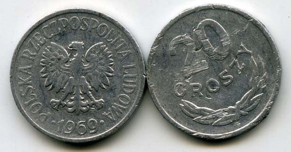 Монета 20 грош 1969г Польша