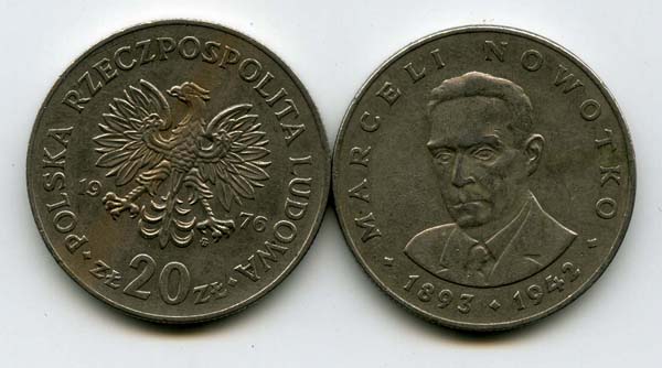 Монета 20 злотых Марсель Новотко  1976г Польша
