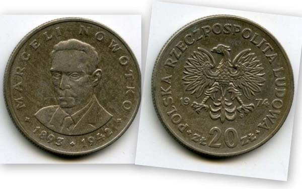 Монета 20 злотых Марсель Новотко 1974г Польша