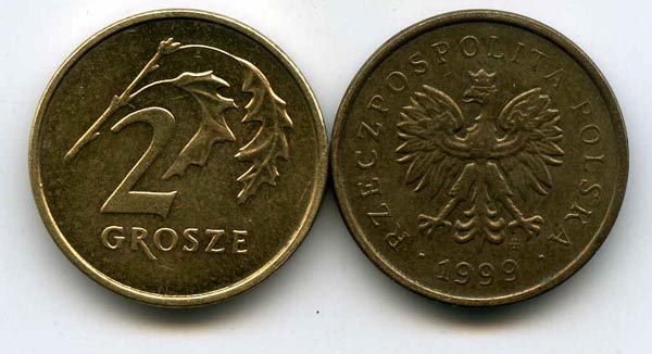 Монета 2 гроша 1999г Польша