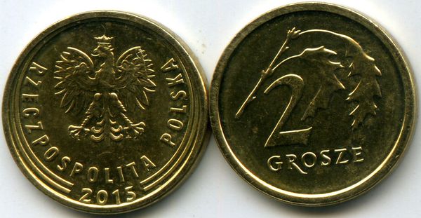 Монета 2 гроша 2015г Польша