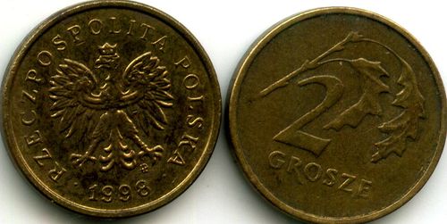Монета 2 гроша 1998г Польша