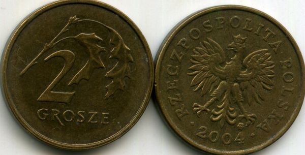 Монета 2 гроша 2004г Польша