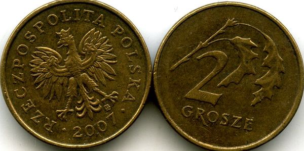 Монета 2 гроша 2007г Польша