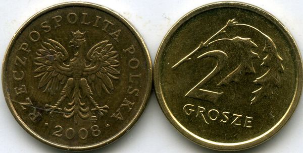Монета 2 гроша 2008г Польша