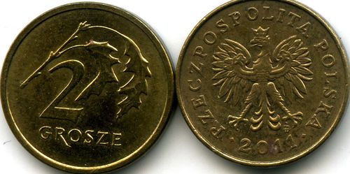 Монета 2 гроша 2011г Польша