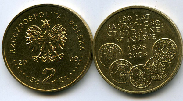 Монета 2 злотых 2009г 180 лет банк Польша